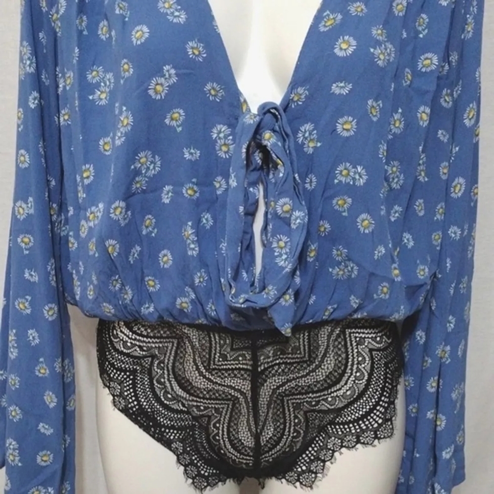 Free People Intimately Forties Feel Blue Daisy V-neck Bodysuit Long Sleeve- L - Picture 10 of 14